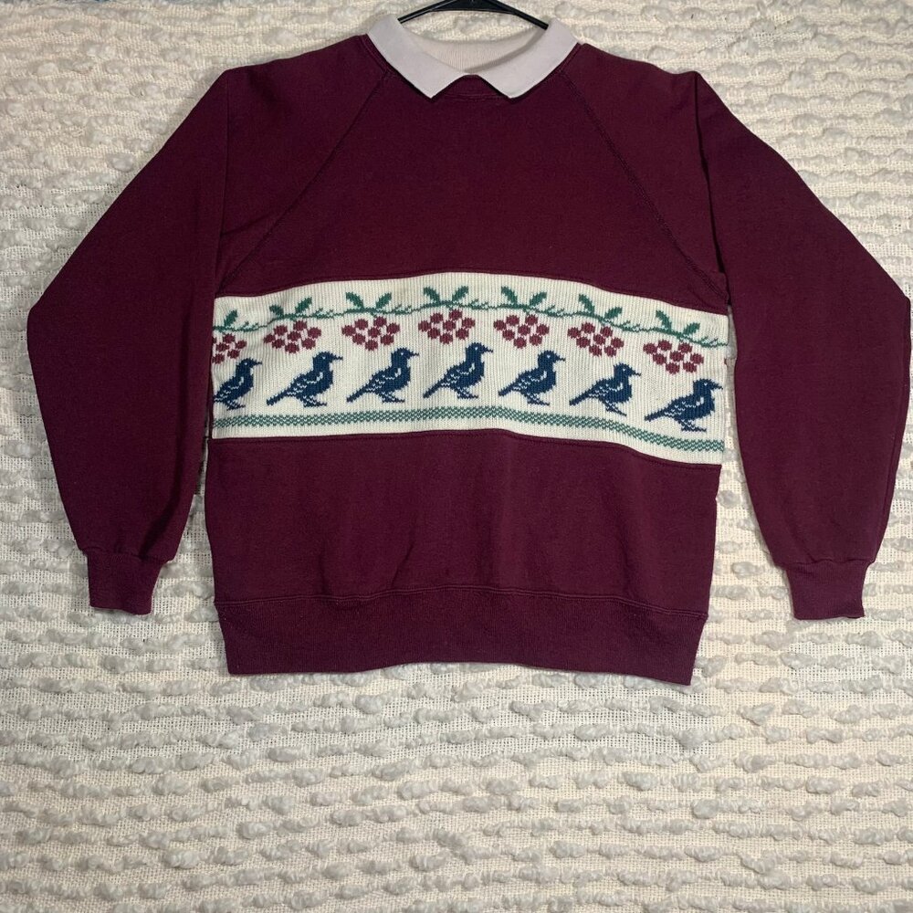 Vintage Peter Pan Collar Sweatshirt with Bird Pattern